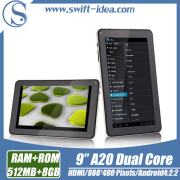 Cheap 9 Inch A20 Allwinner Dual Core Android 4.2OS 512MB+8GB HDMI Tablet PC, MID, Mini PC (PBC925S)